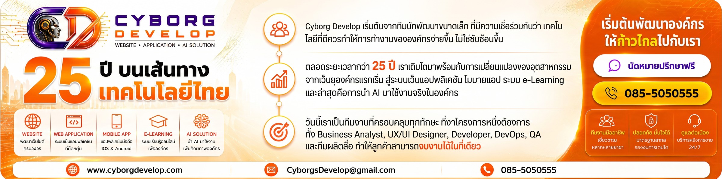 เกี่ยวกับ Cyborg Develop — 25 ปี บนเส้นทางเทคโนโลยีไทย ให้บริการพัฒนาเว็บไซต์ เว็บแอปพลิเคชัน โมบายแอป e-Learning และ AI Solution โทร 085-5050555