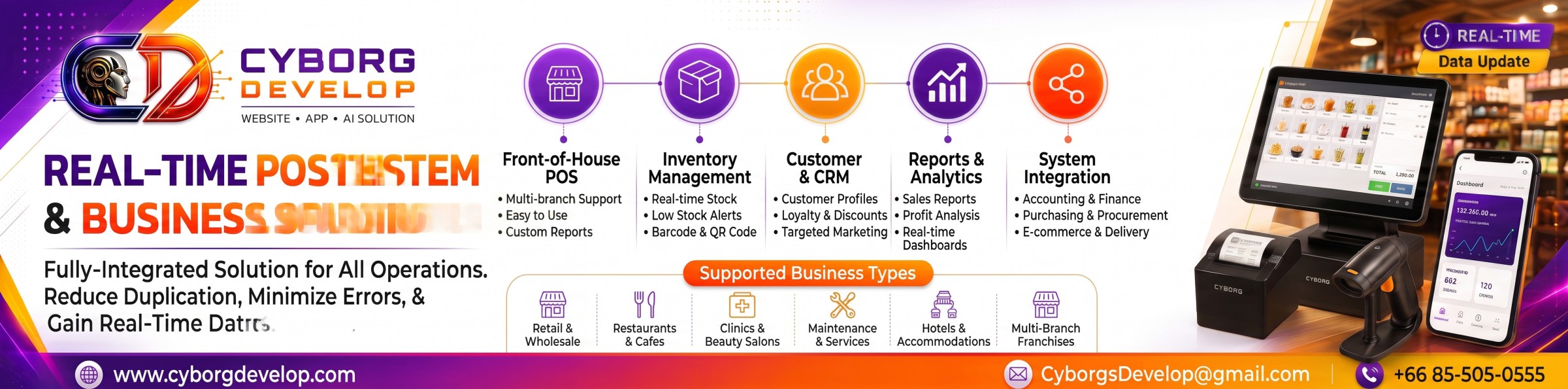 บริการระบบ POS และโซลูชันธุรกิจ Cyborg Develop — POS, Payment Gateway, Inventory, CRM/ERP โทร 085-5050555
